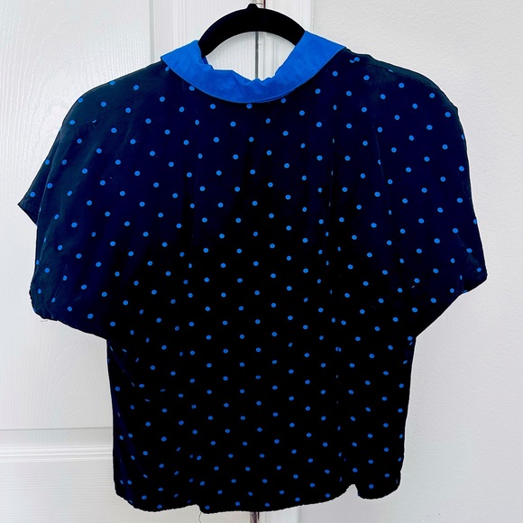 Vintage 80s Collared Button Up Shirt Cropped Blue Polka Dot Boxy - Picture 2 of 4